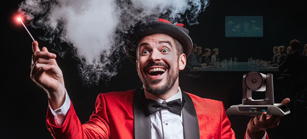 magician holding a web camera in his hand while a business teleconference takes place in the background