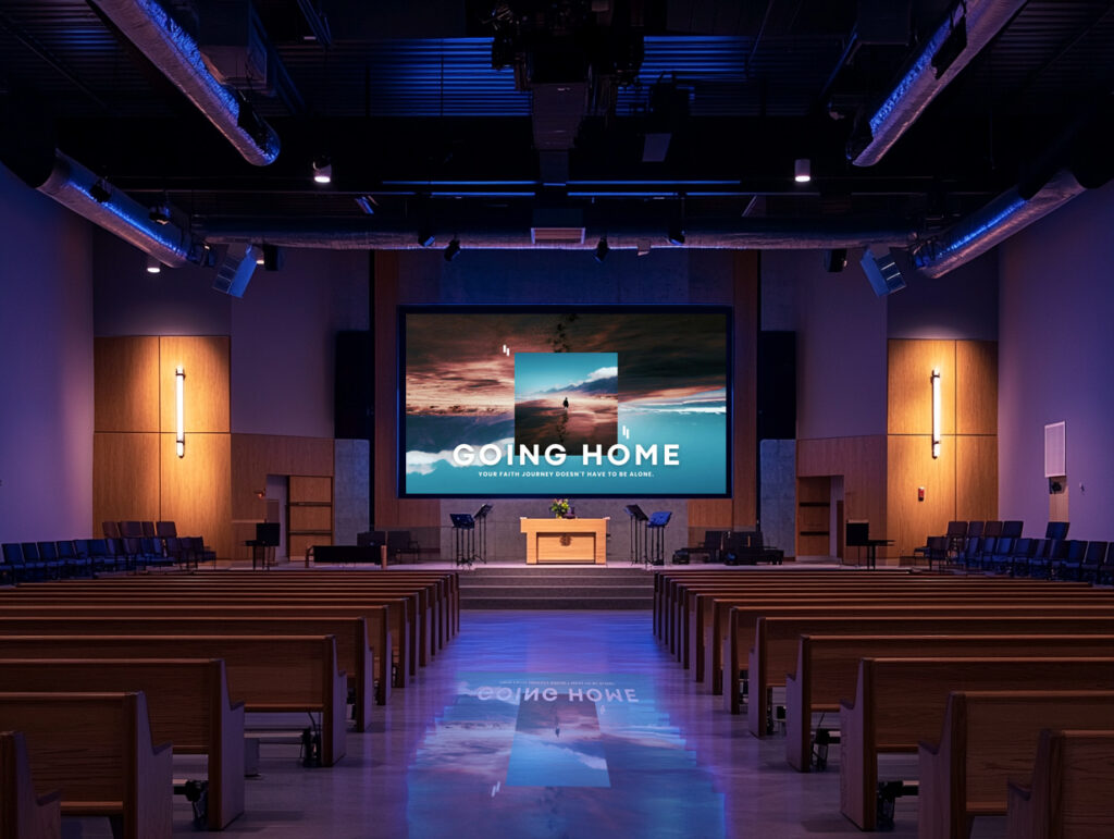 A modern church sanctuary with a large display screen.