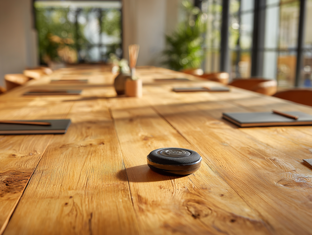 A 360 microphone installed on a conference table helps pick up clear audio from all people speaking at the table.