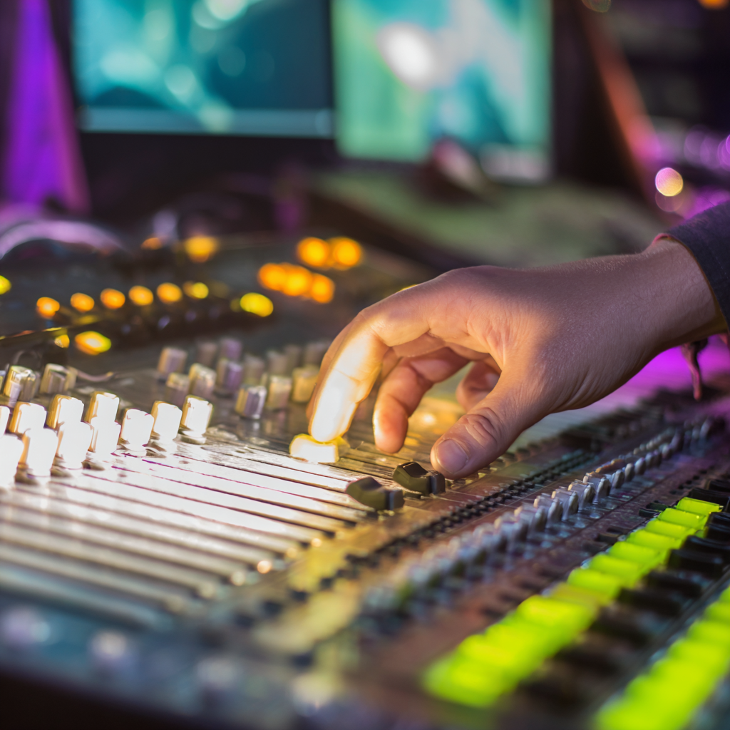 an audio engineer works on a mixer in a church sanctuary